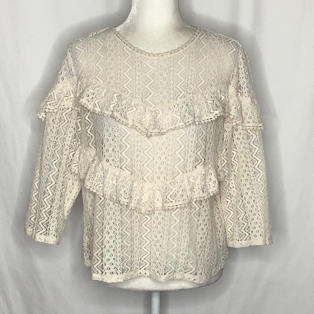 Lush Cream Sheer Lace Ruffle Boho Blouse Size L